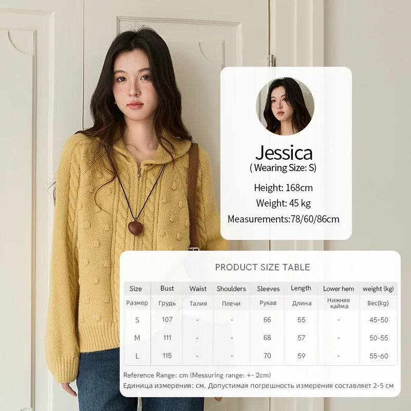 MISHOW Zipper Knit Cardigan Women 2025 Winter Yellow Turn-down Collar Loose Thick Sweater Luxury Comfort Casual Top MXE49Z2619
