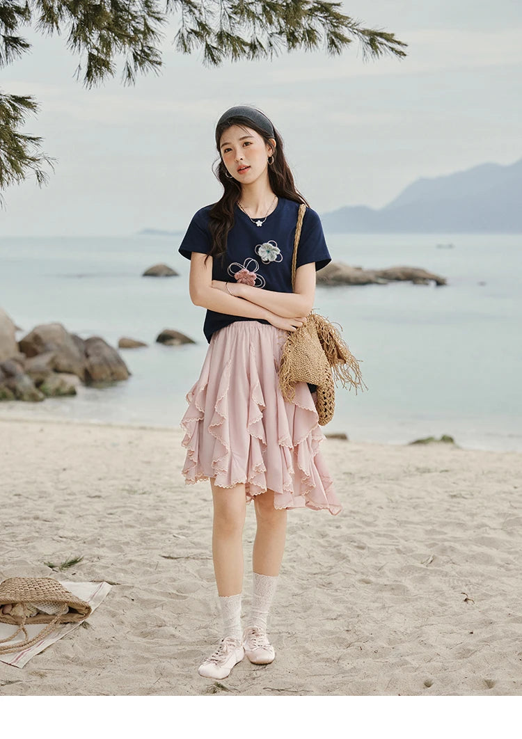 MISHOW Casual Summer Print T-shirts Women New 2025 Short Sleeve Round Neck Flower Beaded Shirts Female Fashion Tops MXE33T0499