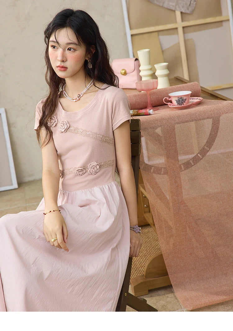 MISHOW Woven Patchwork Knitted Dress Female Summer 2025 French Waist Slim Long Dress Pink Round Neck Elegnat Dresses MXE36L2247