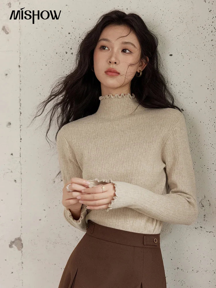 MISHOW Bottom Knitted Sweater Women Ruffled Edge High Collar Long Sleeve 2025 Winter Solid Slim Thin Internal Tops MXD48Z0850