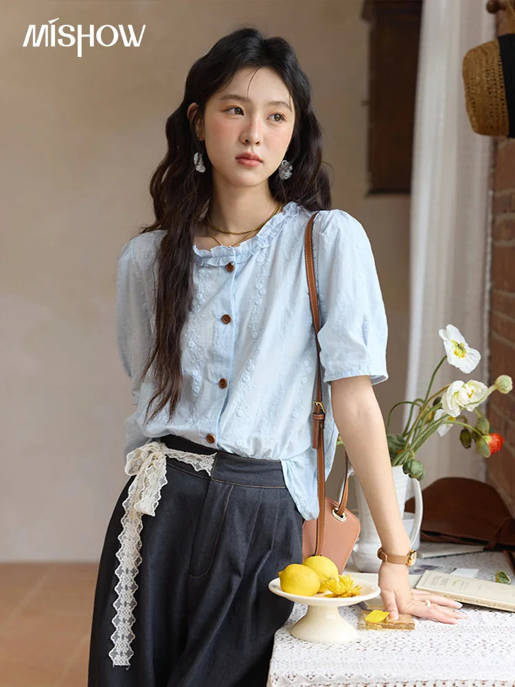 MISHOW 100% Cotton Women's Puff Sleeve Shirt 2025 Summer New Fashion Round Neck Button Top Casual Female Clothing MXE36X1873