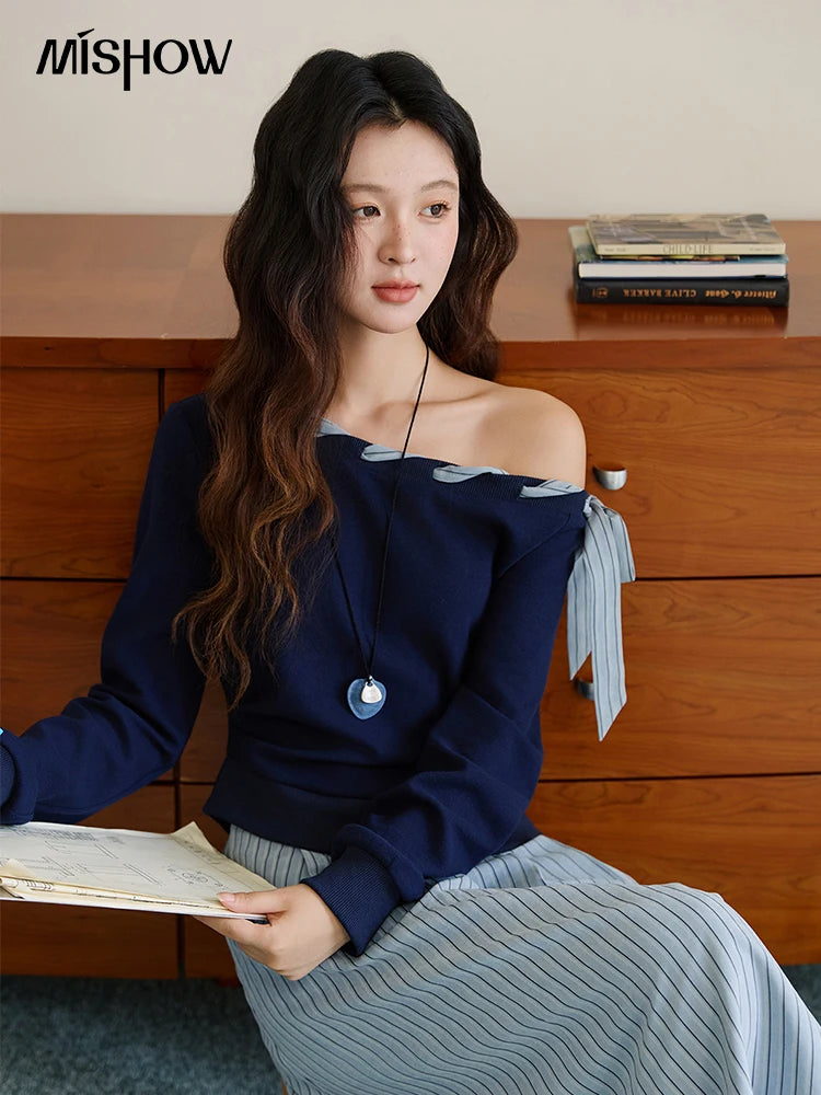 MISHOW Woman Striped Dress 2025 Autumn Blue Navy Slash Neck Contrast Lace Long-sleeved Dress Sexy Clothes for Women MXE45L2516