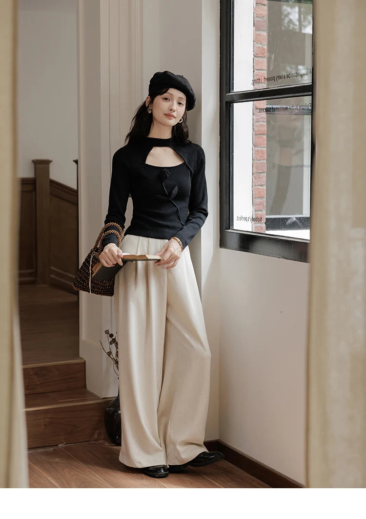 MISHOW Women’s Black Tulip Knitted Sweater French Vintage Hollow Out Sweaters Mock Neck 2024 Fall Elegant Slim Top MXD42Z0731