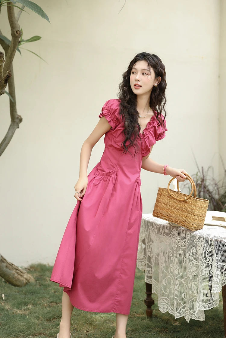 MISHOW Women's 100 Cotton Stringy Selvedge V-Neck Waist Dress 2024 Summer French Symmetric Pocket Mid Length Dresses MXD29L1934