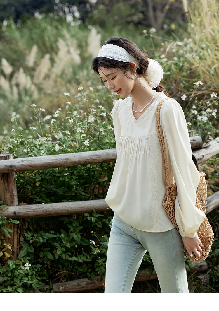 MISHOW Women's Lyocell Blouse 2025 Spring Summer Lace V-neck Commuting Top Puff Sleeve Solid Loose Blouse Office Lady MXE15X1735