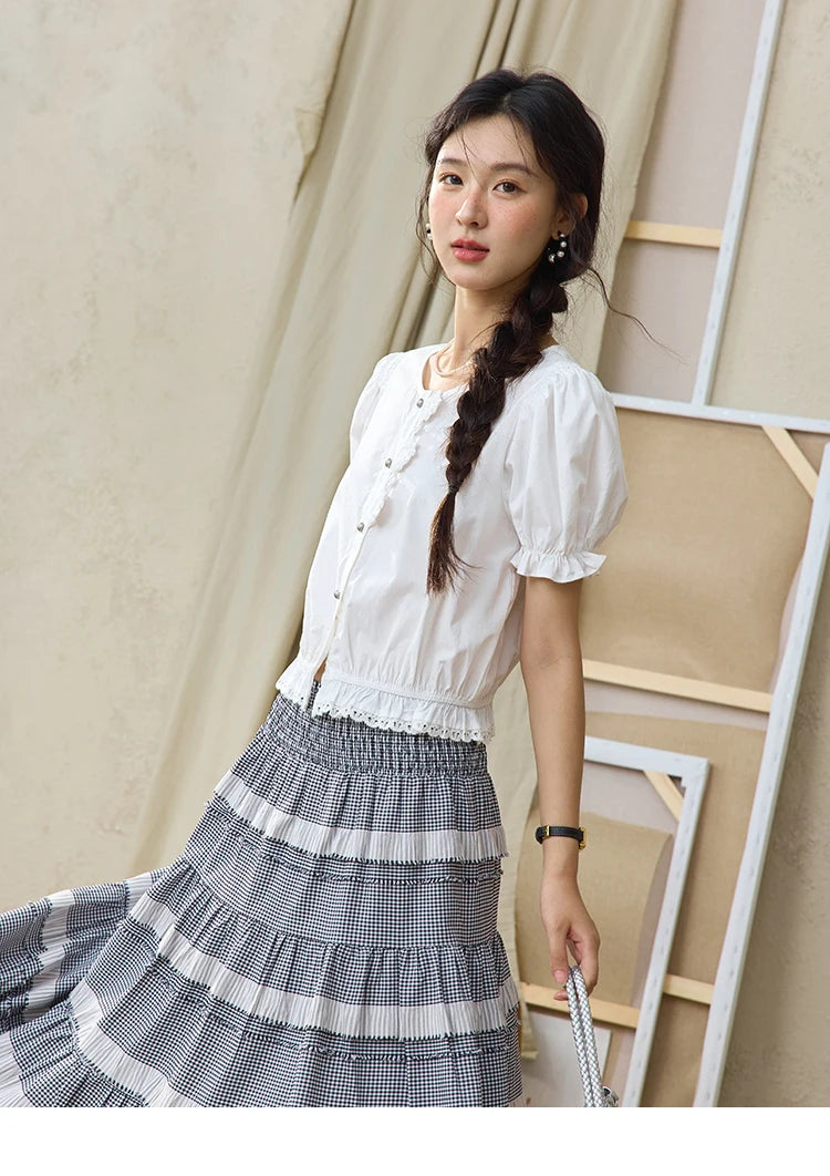 MISHOW Sweet Lace Pufff Sleeve Shirt Summer 2025 Flower Single Breasted Buttons Short Shirts Hem Elastic Waist Tops MXE34X1820