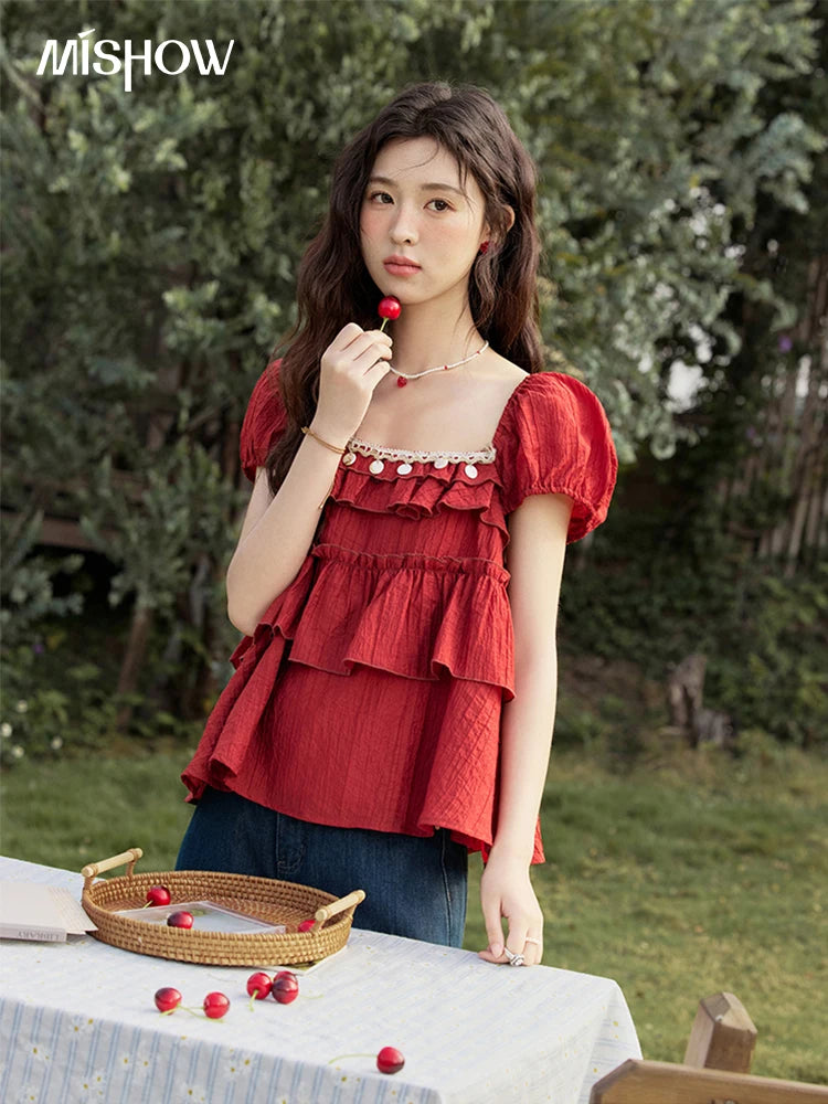 MISHOW French Summer Blouse Women New 2025 Short Sleeve Square Collar Cake Ribbon Shirts Female Fashion Slimming Tops MXE33X1763