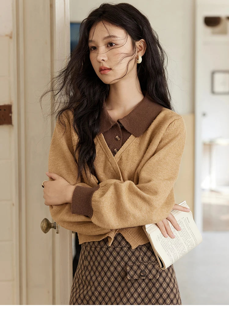 MISHOW Fake Two-piece Sweater Women French Retro Splicing Top 2024 Fall Winter New Korean Design Thin Knitwear MXD46Z0804