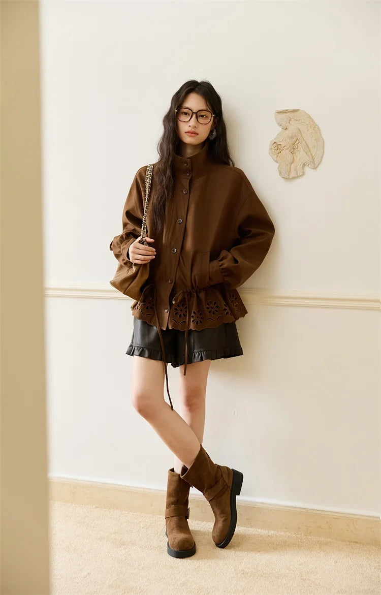 MISHOW Hollow Embroidered Trench for Women Autumn 2025 Drawstring Waist Coffee Jacket Lapel Single Breasted Coat MXE48W0855