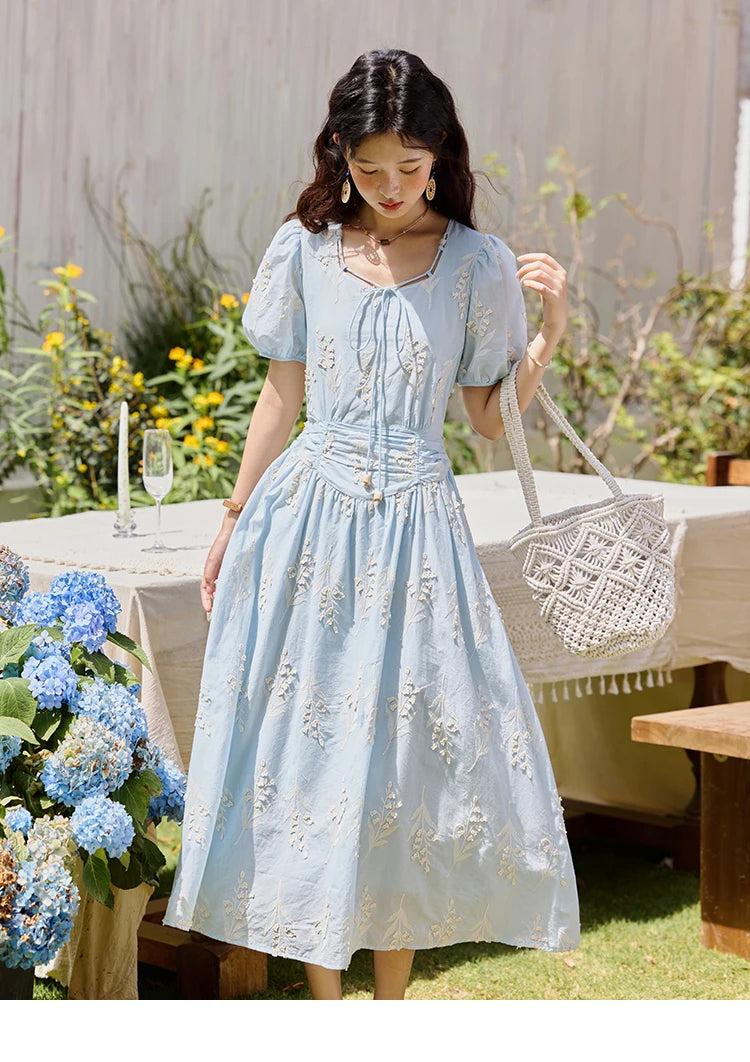 MISHOW Blue Square Neck Bubble Sleeve Dress for Women Summer 2025 Waist Vacation 100 Cotton Embroidered Long Dress MXE35L2234