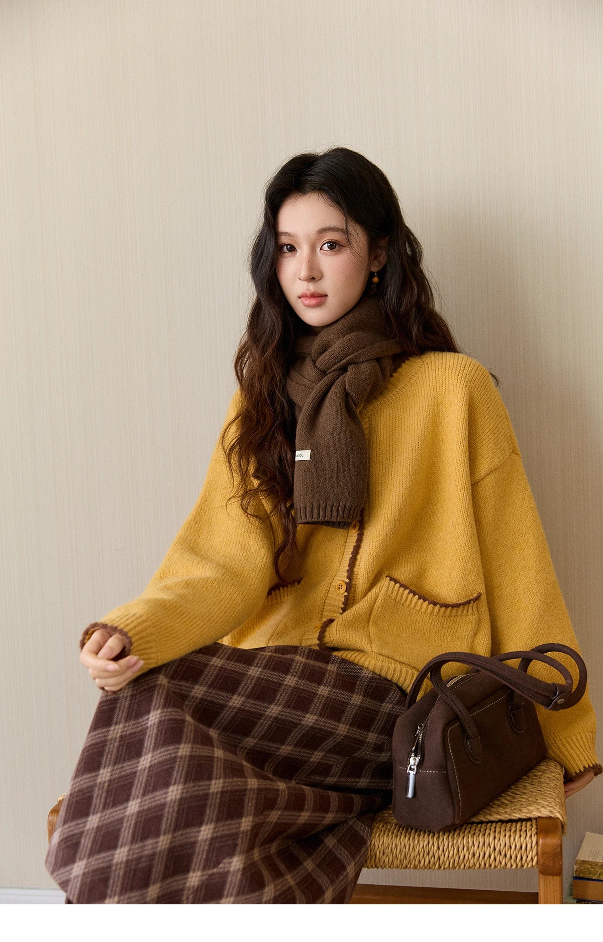 MISHOW Women's Yellow Knitted Cardigan 2025 Autumn Winter Color Collision Edge Sweater Pockets Loose Warm Casual Tops MXE94Z2973