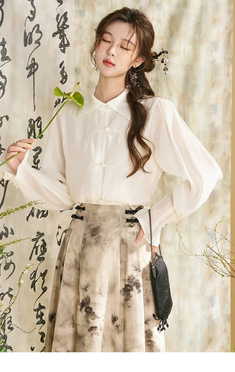 MISHOW Chinese Style Lapel Shirt 2024 Spring Retro Button Pearl Embellishments Folded Cuffs Petal Sleeve Loose Top MXD11X1344