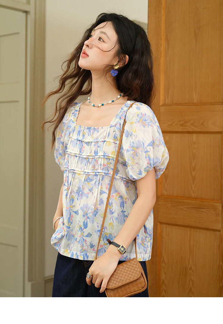MISHOW Fashion Square Neck Puff Sleeve Blouse for Women 2025 Summer New French Sweet Loose Print Top Ladies Clothing MXE39X1937