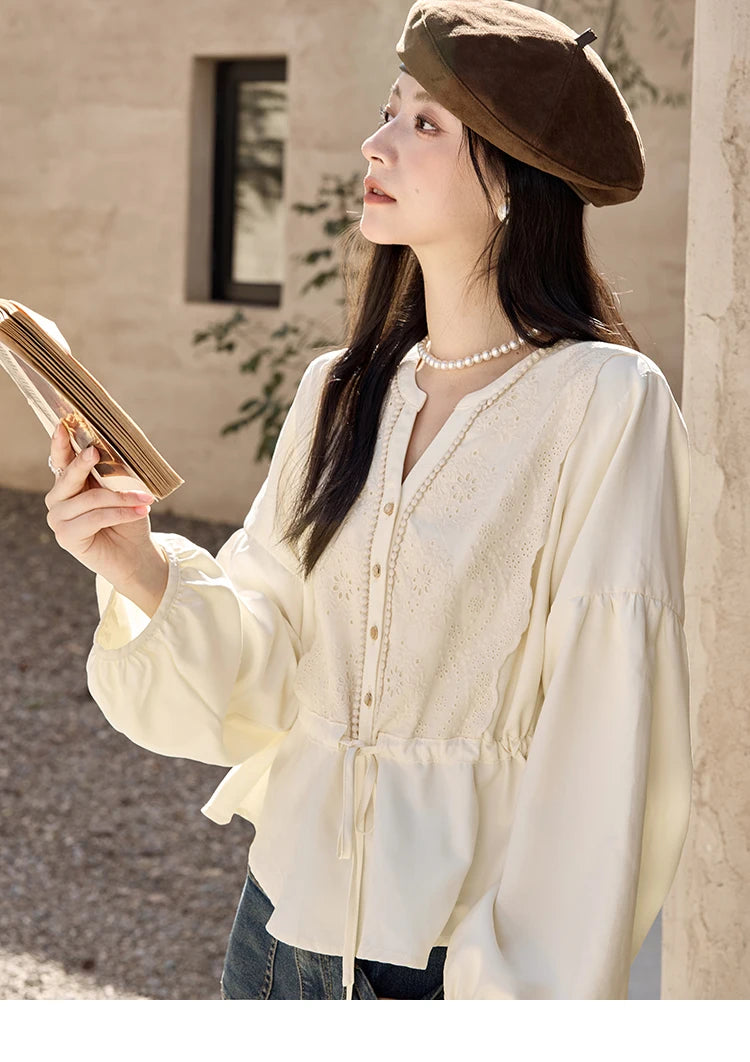 MISHOW Women's French V-neck Blouse Lace Lantern Sleeve Long-sleeved Blouses 2024 Fall Tie Drawstring Waist Slim Tops MXD45X1660