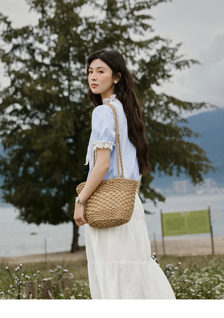 MISHOW French Striped Summer Blouses Women 2025 New Short Puff Sleeve Round Neck Lace Patchwork Shirts Fashion Tops MXE32X1759