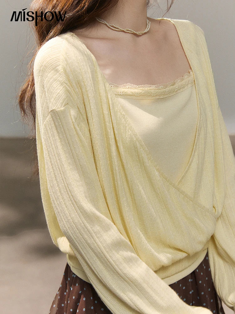 MISHOW Women's Lemon Yellow Two-Piece Set Spring Knitted Lantern Sleeve Pullover Tops Strap Lace Edge Camisole Set MXF13T1513