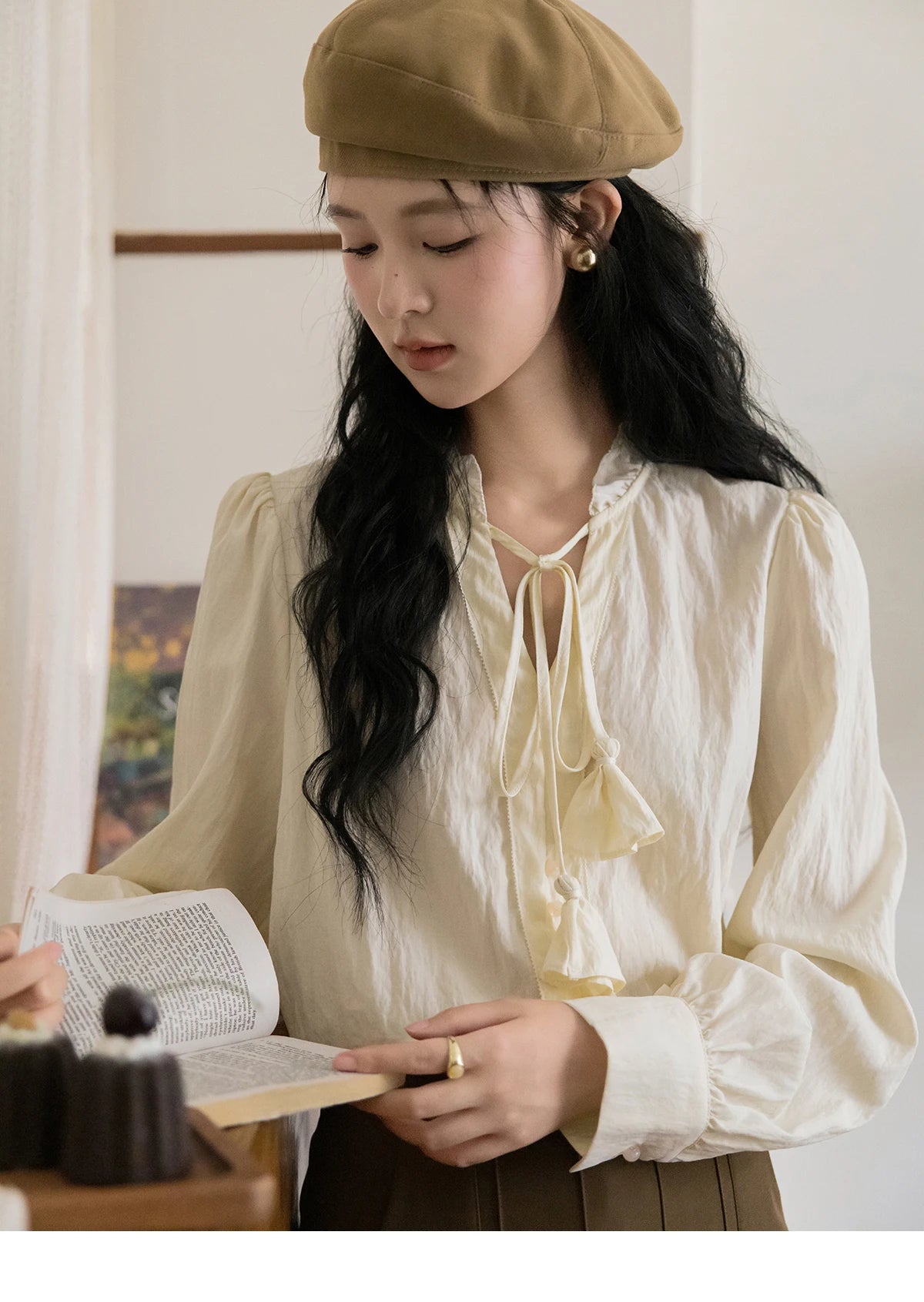 MISHOW Flower Bud Tie Lyocell Shirt for Women Autumn 2024 Temperament Solid Long Sleeve Pullover Tops Office Lady MXD42X1640