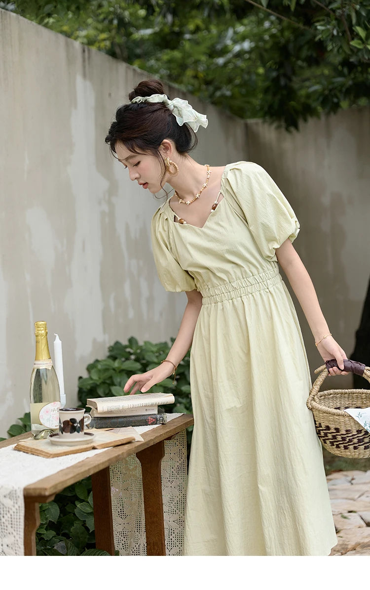 MISHOW French V-neck Bubble Sleeve Dress for Women Summer 2025 Elegant Waist Dress Back Green Waist Exposed Dresses MXD22L1825