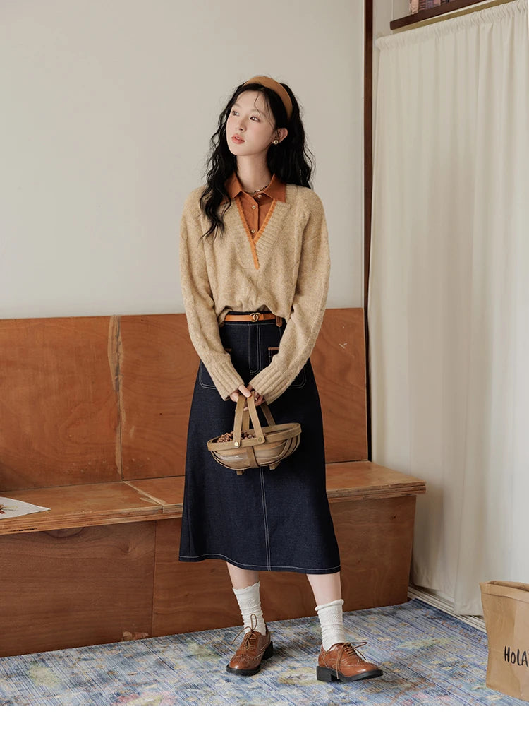 MISHOW Vintage Sweater False Two-piece Sweet Fashion V-neck Knitwear 2024 Fall New Vintage Versatile Sweater Tops MXD42Z0695