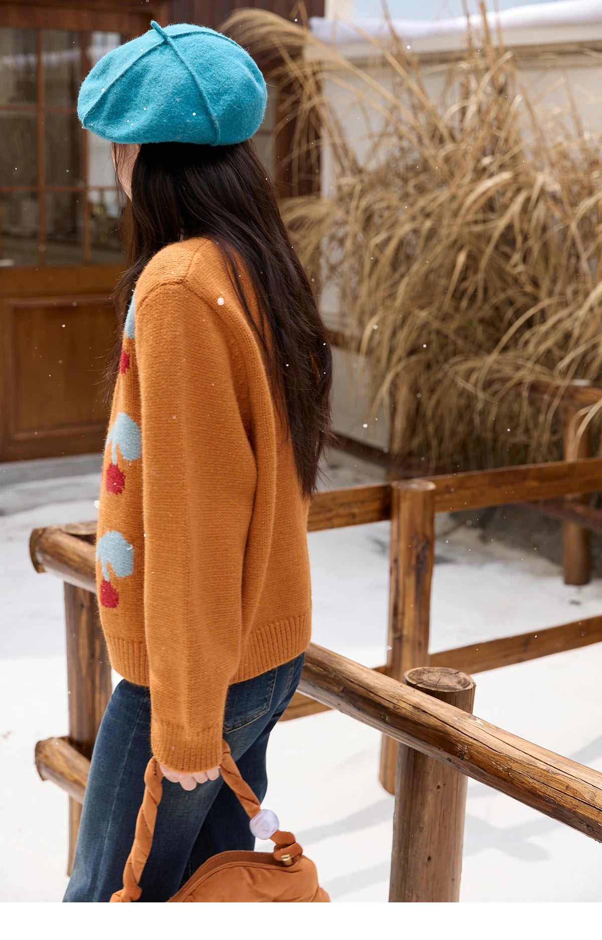 MISHOW Cherry Jacquard Knitted Cardigan for Women 2025 Winter Retro Sweet Round Neck Long Sleeves Sweater Commute Top MXE88Z2689