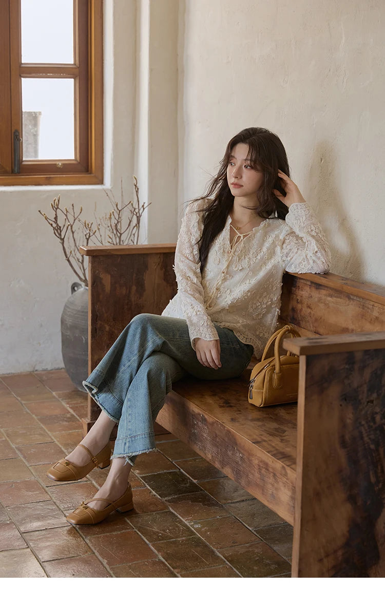 MISHOW Apricot Lace Jacquard Embroidered Shirt 2025 Autumn Black Fungus Edge Lace-up Vintage Commuter Top Office Lady MXE41X1927