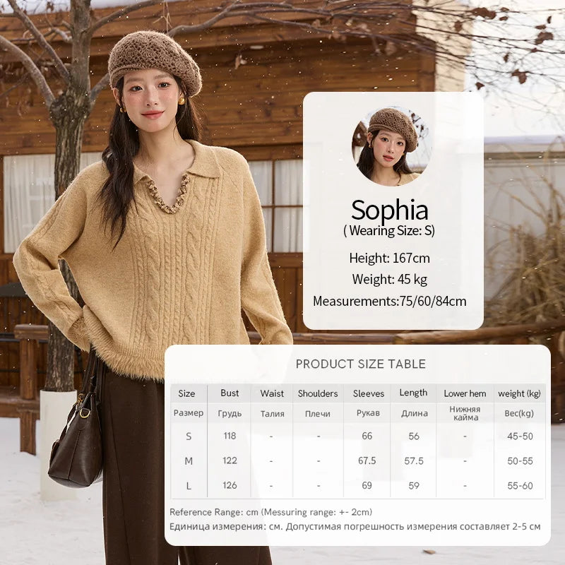 MISHOW Yellow Knitted Sweater for Women 2025 Winter New Long Sleeves Cable Plush Hem Stitching Casual Sweater Luxury MXE88Z2674