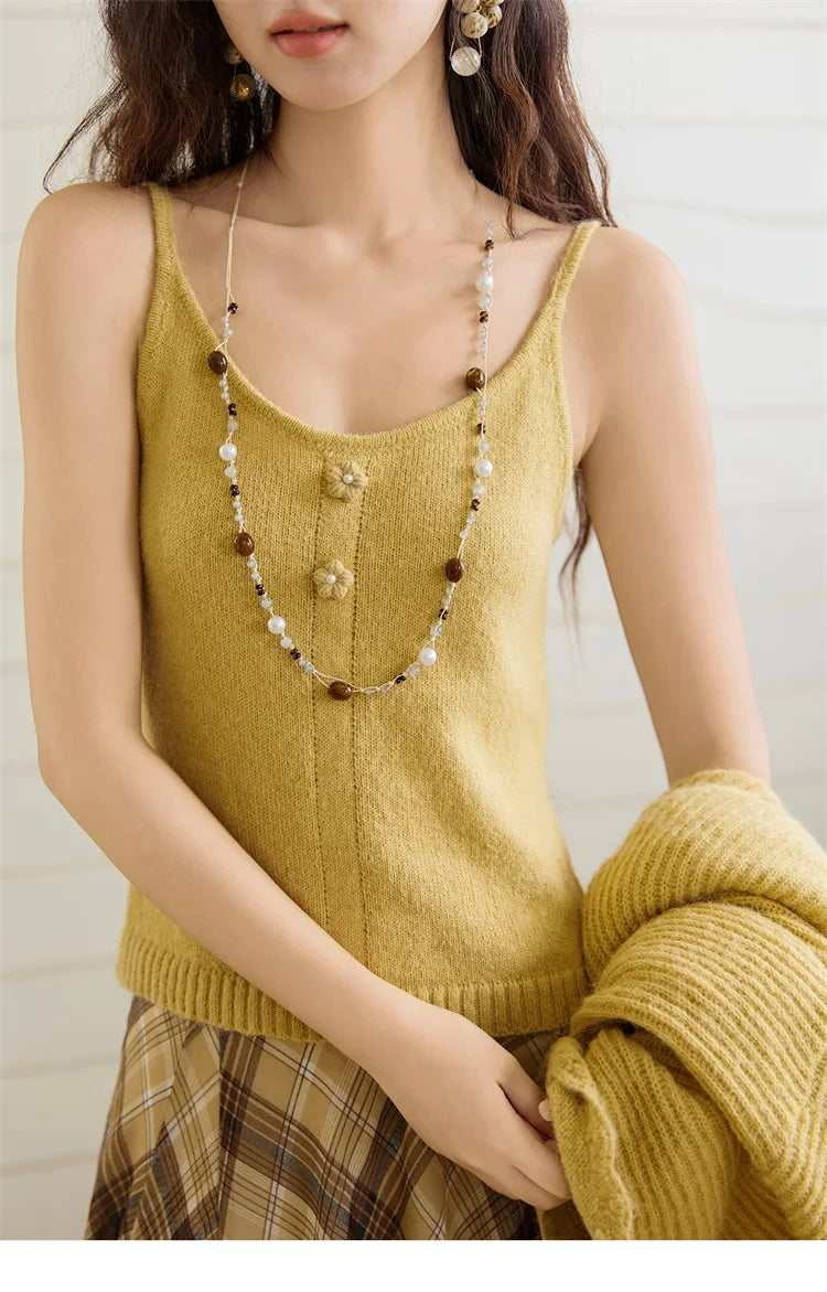 MISHOW Woman Two-piece 2025 Autumn Casual Yellow V-neck Knitted Cardigan Slim Fit Camisole Elegant Commute Top MXE45T0742