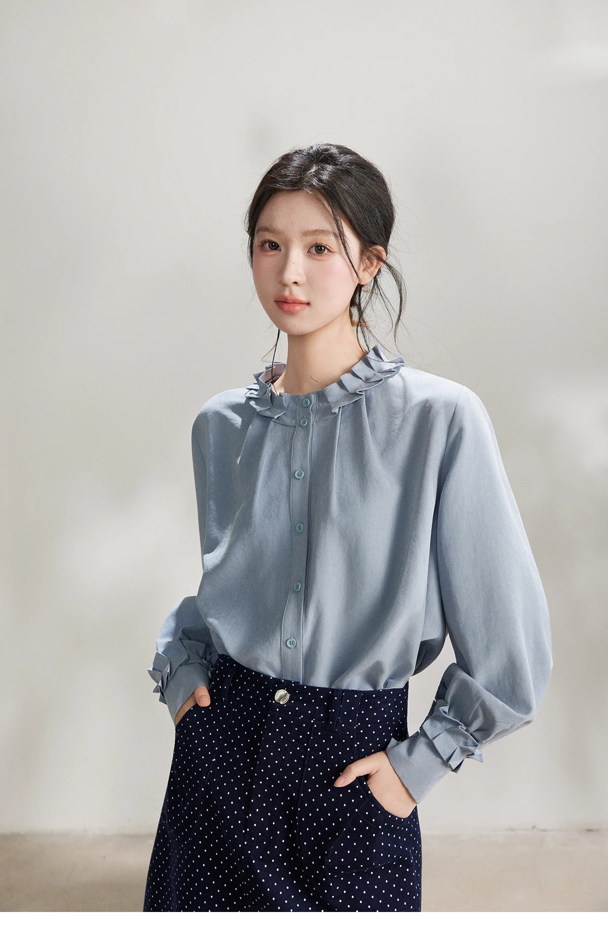 MISHOW Women's Peach Skin Solid Shirt 2026 Spring Ruffled Crew Neck Single-breasted Tops Casual Long Sleeve Shirts MXF11C2431