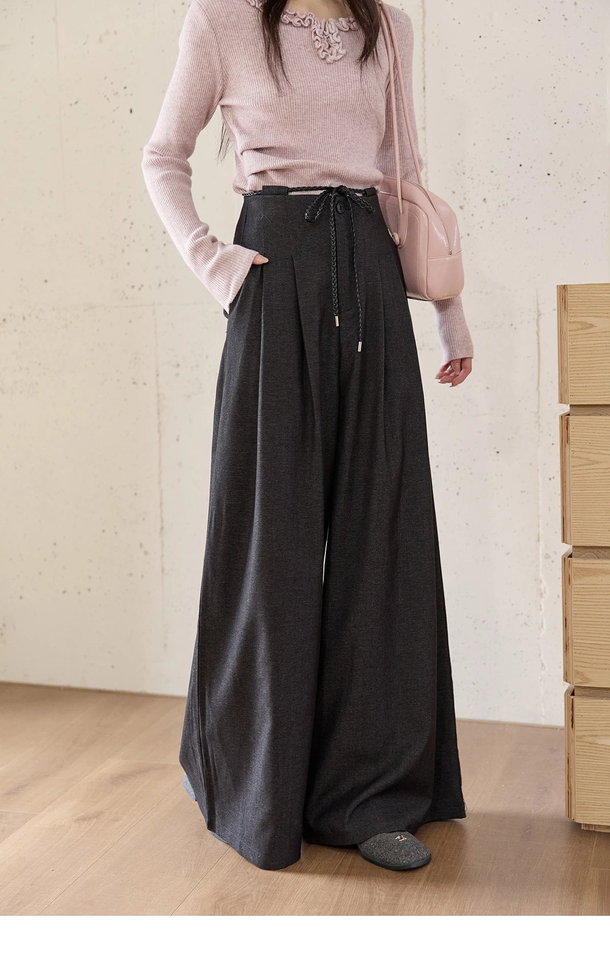 MISHOW Women's Trousers 2025 Autumn Winter Lace-up Gray Wide-leg Pants High Waist Slim Commuting Casual Pants Women MXE51K1106