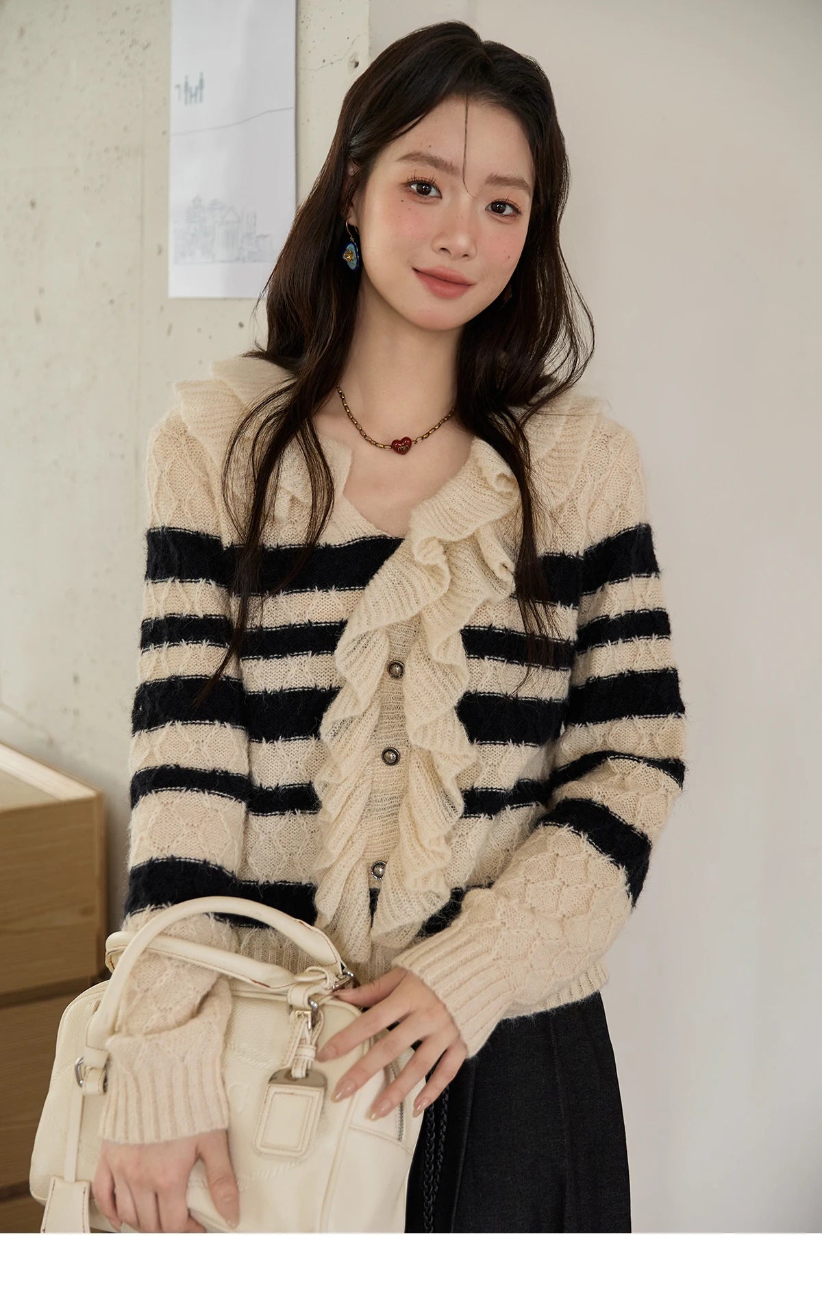 MISHOW Striped Sweater for Women 2025 Autumn New Asymmetrical Ruffled Diamond Shape Knitted Retro Women's Cardigan MXE51Z2633