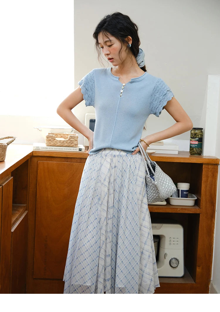 MISHOW Patchwork Plaid Chiffon Half Skirt for Women 2025 Summer Fashion Irregular Wave Edge High Waist A-line Skirt MXE34B0739