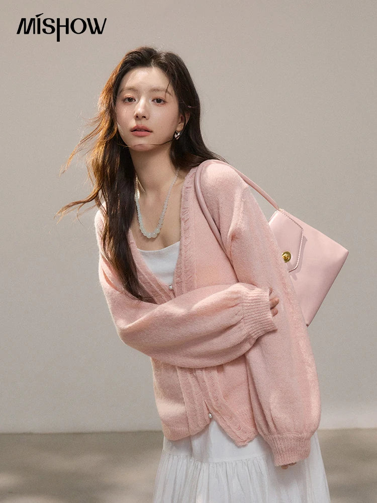 MISHOW Women's Pink Sweet Knit Cardigan 2026 Spring V-Neck Ruffled Trim Pearl Button Cardigans Loose Knitted Sweater MXF108Z1028