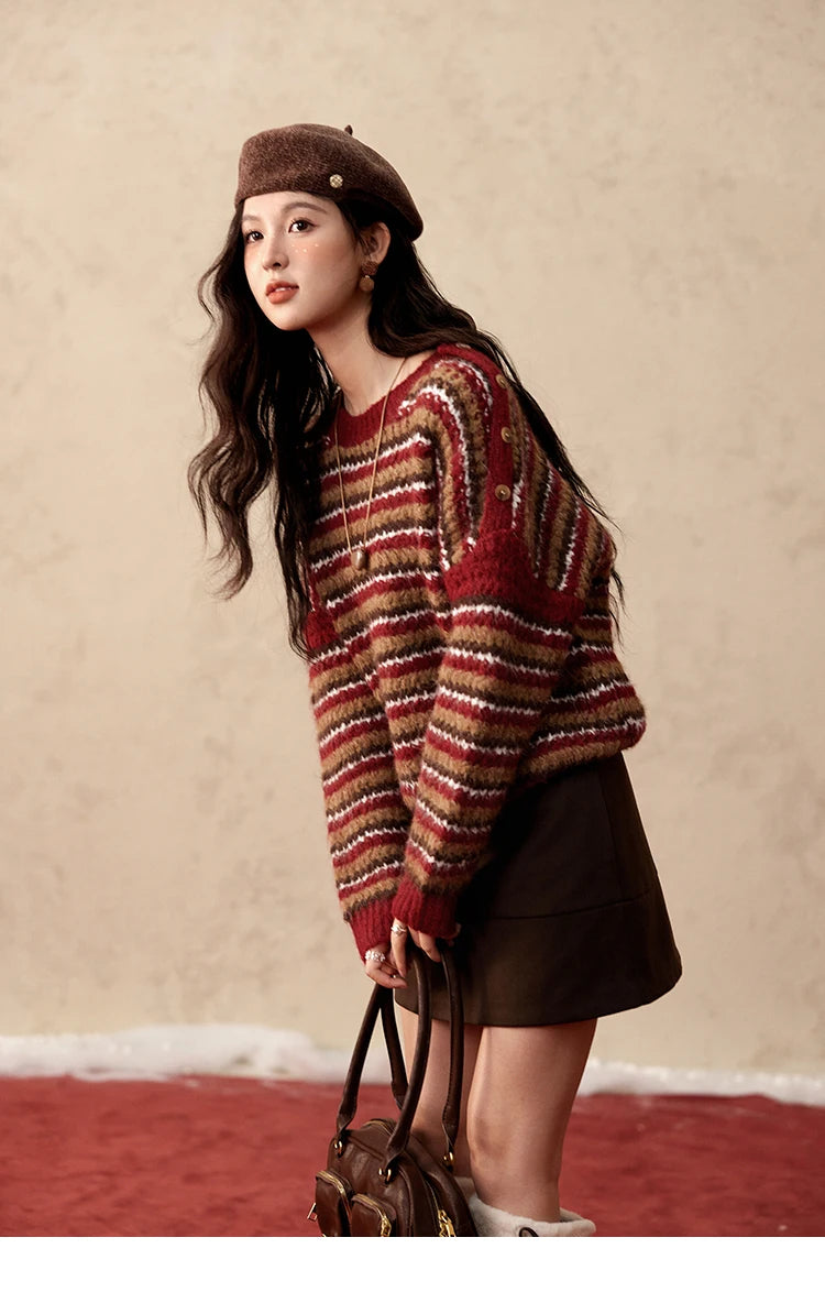 MISHOW Christmas Retro Striped Wool Blend Sweater Women Button Decoration Women Clothing Thick O-Neck Knitted Tops MXD59Z1060