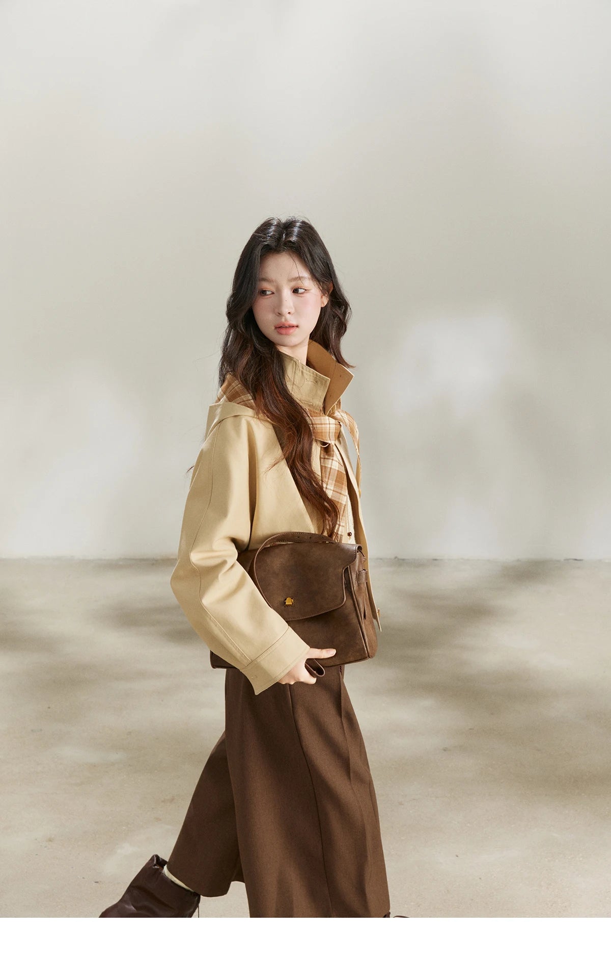 MISHOW Women's Khaki Cropped Trench Coat Spring Lapel Stand Collar Coats Removable Plaid Cap Casual Loose Jacket MXF108W1003