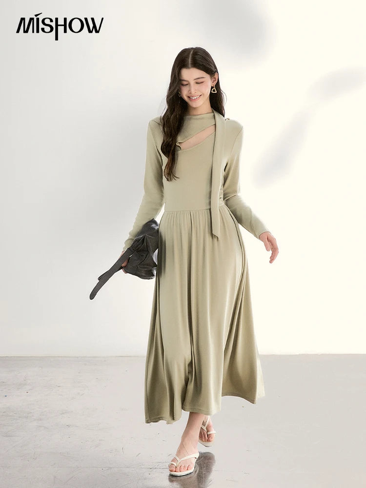 MISHOW Women's Light Green Midi Dress 2026 Spring Cutout Neck Hollow Out Ribbon Dresses Elegant Long Sleeve Dress MXF13L2556