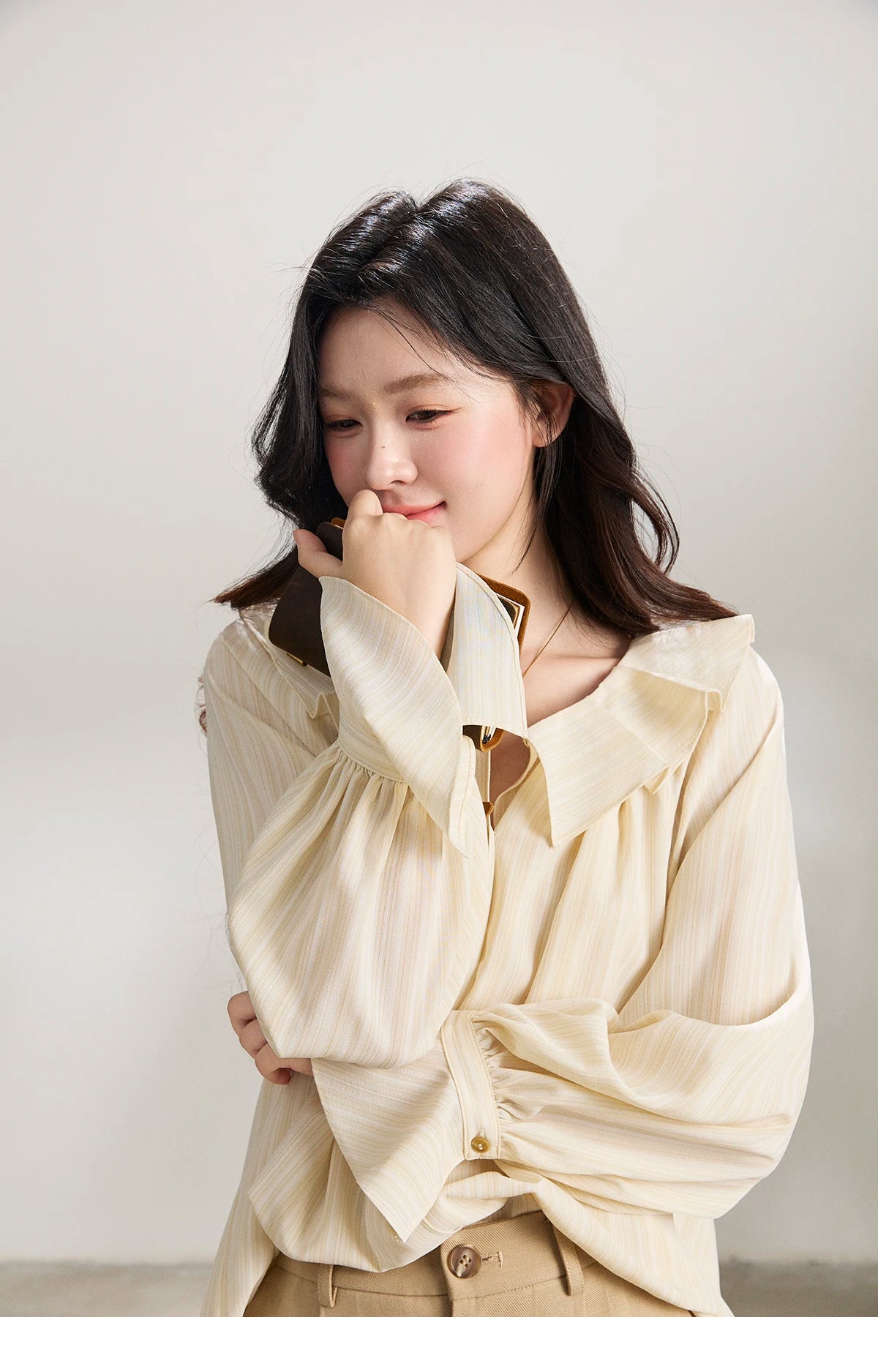 MISHOW Women's Ruffled Collar Striped Shirt 2026 Spring Flare Sleeve Elegant Casual Loose Long Sleeve Top Office Lady MXF13C2438