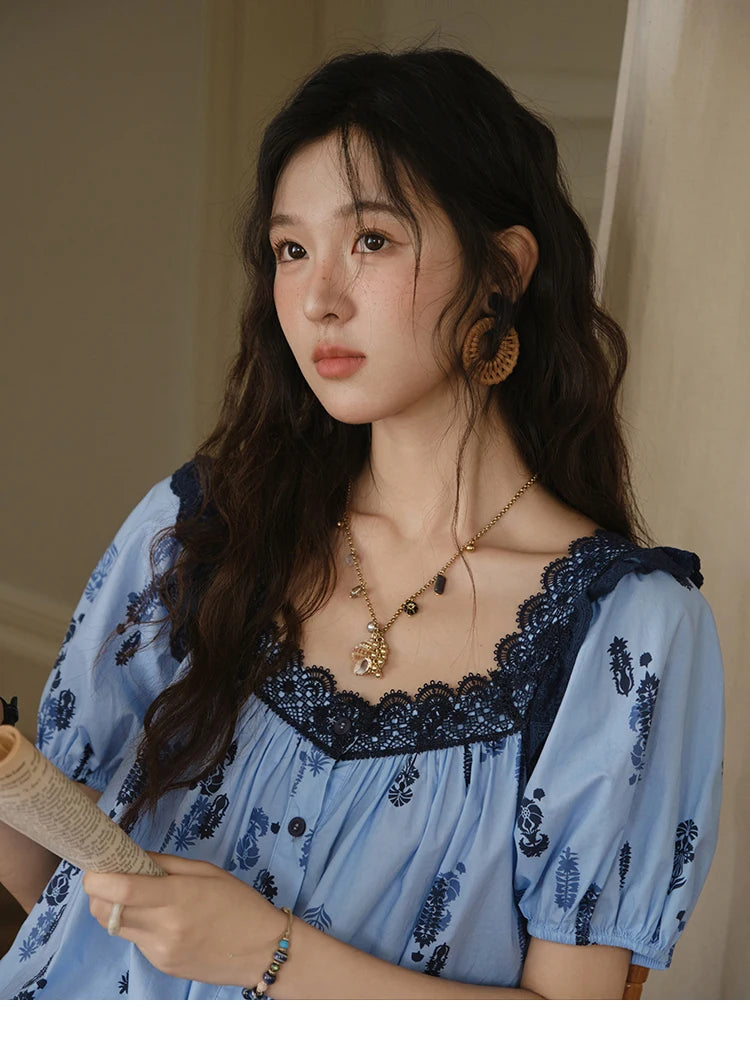 MISHOW Fashion Print Cotton Shirt for Women 2025 Summer New Puff Sleeve Lace Splicing Retro Blue Casual Button Top MXE35X1842