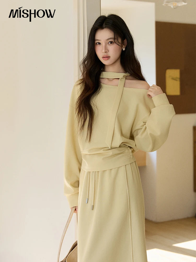 MISHOW Women's Light Yellow Two-Piece Set Asymmetrical Off-shoulder Pullover Top Rear Fork Midi Skirt Set with Ribbon MXE11T1489