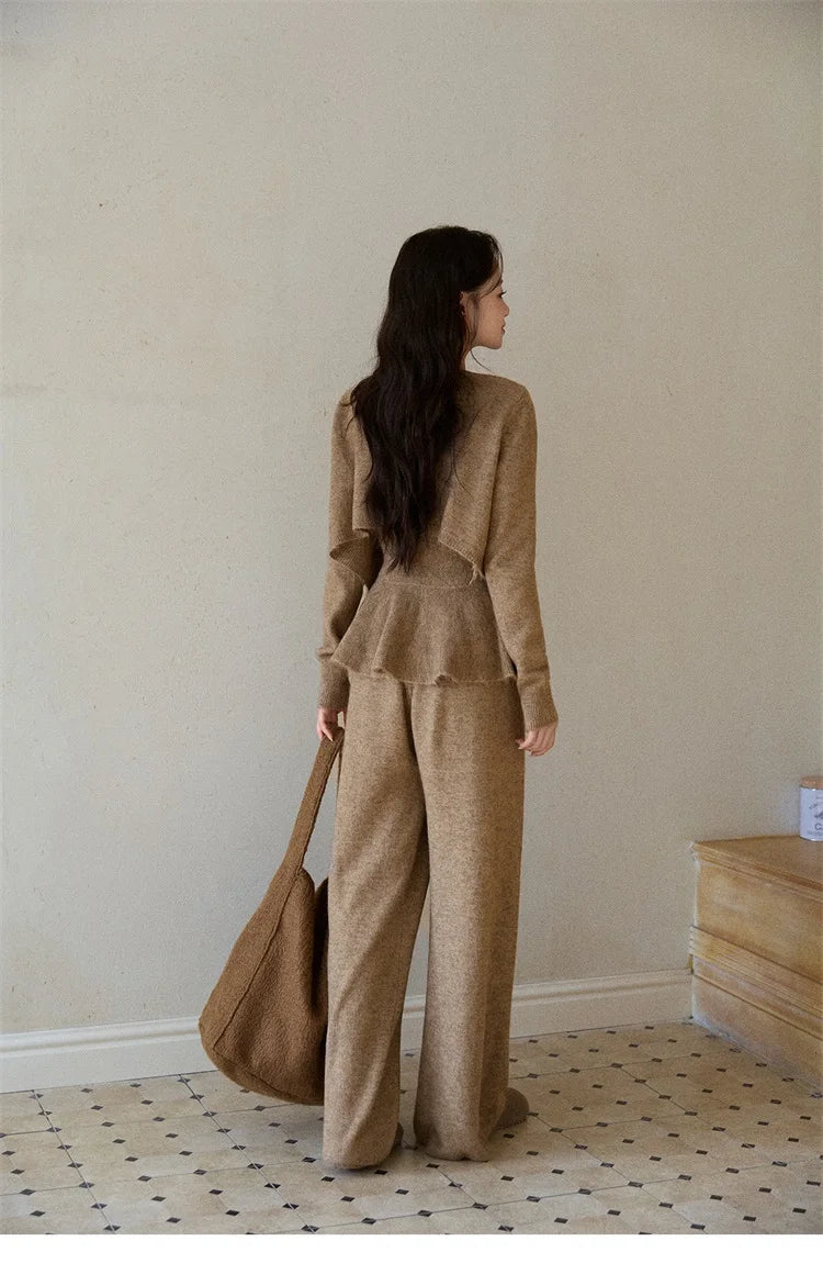 MISHOW Khaki Knitted Three-Piece Winter Set for Woman RetroThree-Dimensional Floral Camisole Cardigan Wide-Leg Pants MXE87T1449