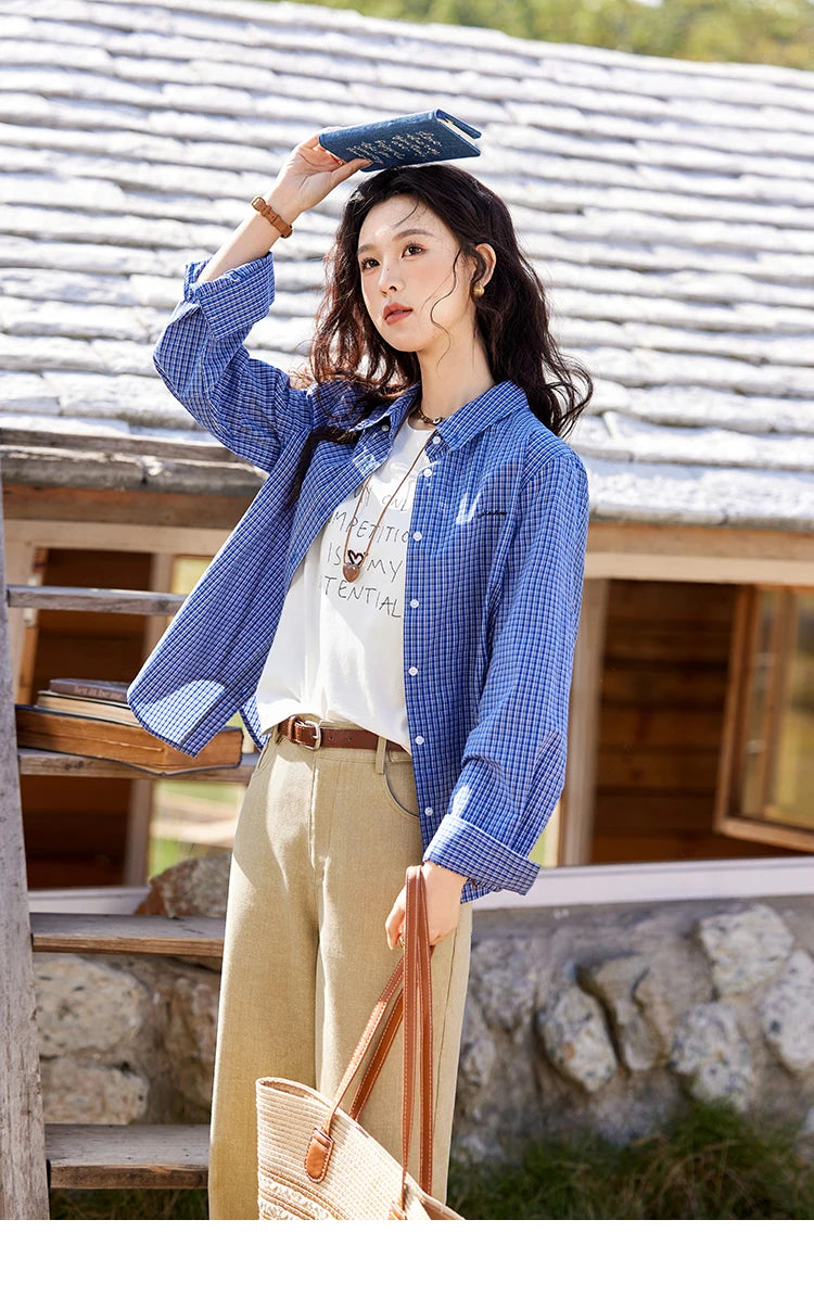 MISHOW Fashion Retro Blue Checkered Shirt Women's Autumn New Loose Casual Lapel Cotton Shirts Long Sleeves Tops Women MXE11C0398