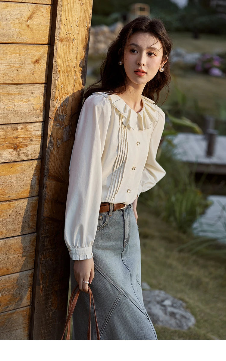 MISHOW French Tucker Pleats Doll Neck Shirt for Women 2025 Spring Straight Shirt Ruffled O Neck Shirts Office Lady MXE12C0401