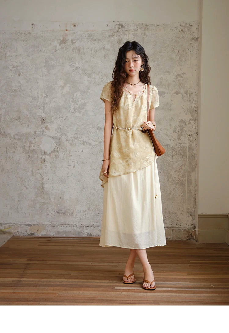 MISHOW Fashion Butterfly Embroidery Dress 2025 Summer Splicing Beaded Collar Comes with Retro Belt Dresses MXE36L2250