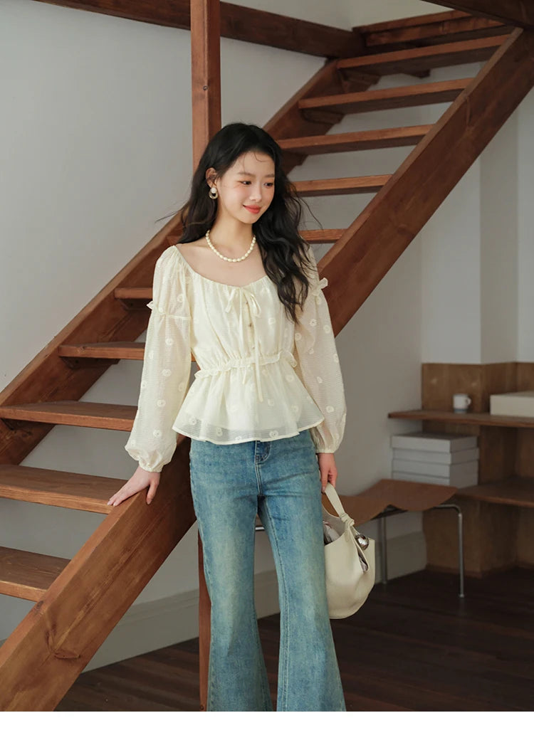 MISHOW Women's Fashion Cashew Flower Embroidered Blouse 2025 Autumn V-neck Lace Up Puff Sleeve Ladies Elegant Top MXE41X1945