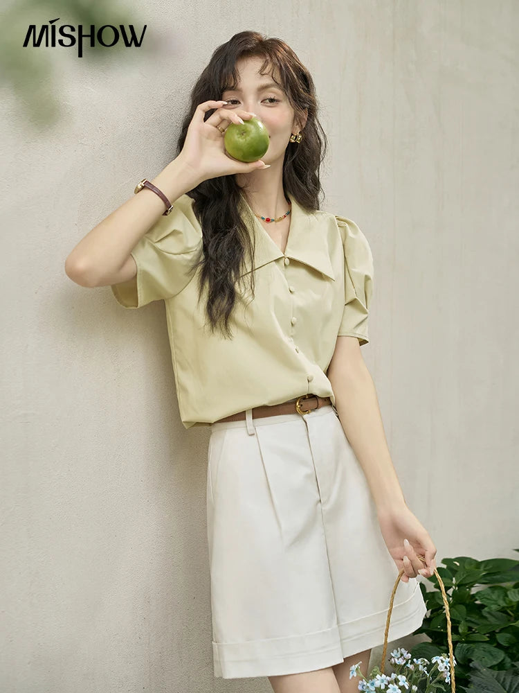 MISHOW Bubble Sleeve V-neck Commuting Shirts for Women 2025 Summer Retro Lapel Neck Short Sleeve Loose Solid Tops MXD28X1471