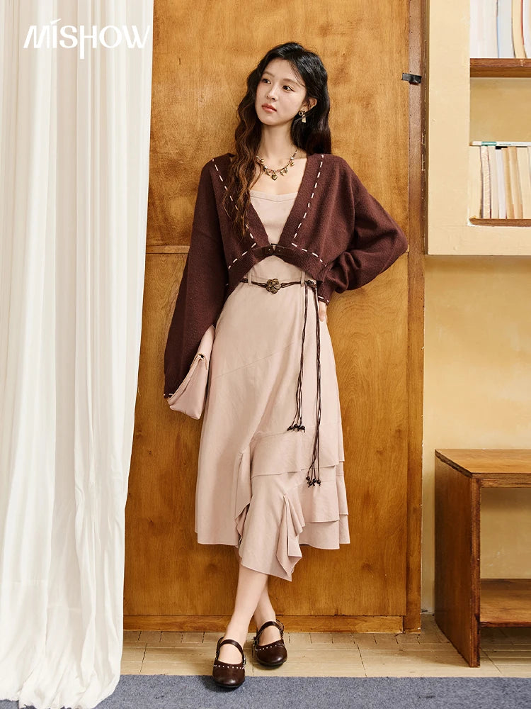 MISHOW Knitted cardigan camisole Dress Two-piece Set Autumn Frosted Velvet Retro Top Contrasting Design Dress Sets MXE47T1382