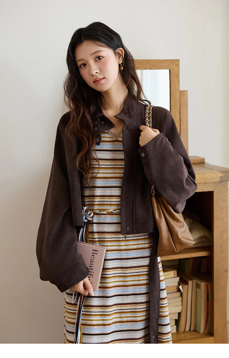 MISHOW Women's Striped V-neck Dress Autumn 2025 Loose Sleeveless Core Spun Yarn Dresses Tied Waist Casual Long Dress MXE46L2521