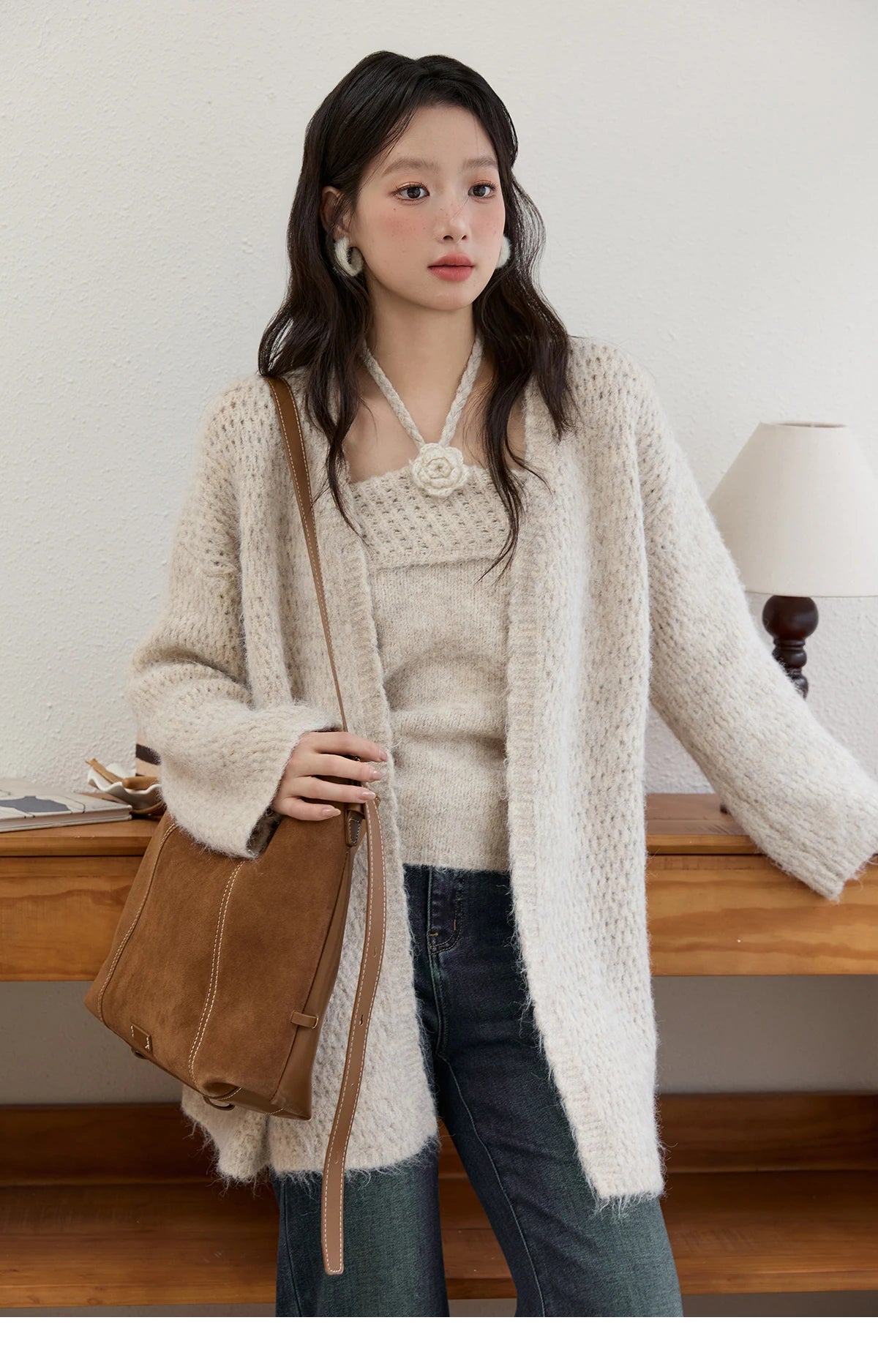 MISHOW Apricot Knitted Halter Two-Piece Set Women's 2025 Autumn Winter Retro Flower Decoration Commute Cardigan Set MXE51T1424