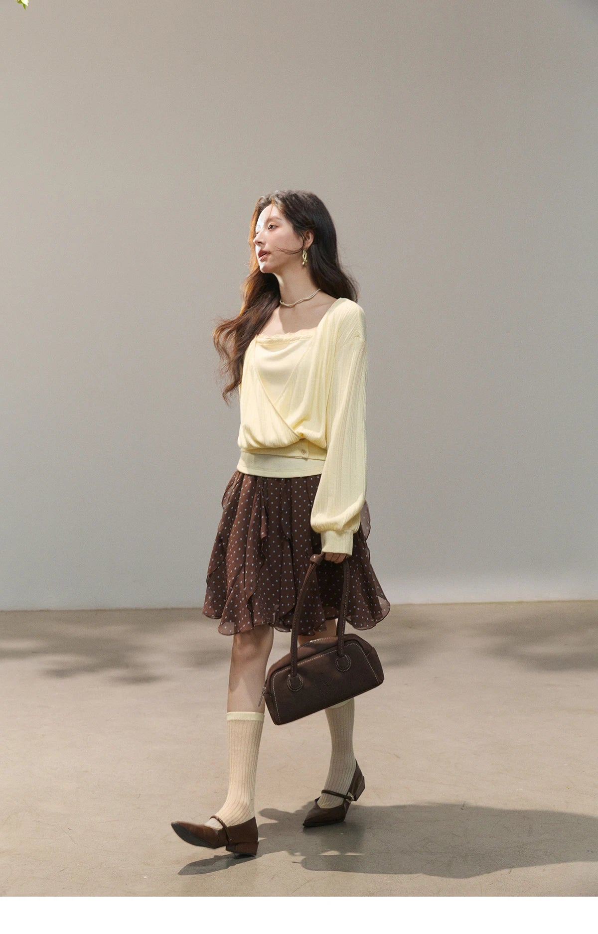 MISHOW Women's Lemon Yellow Two-Piece Set Spring Knitted Lantern Sleeve Pullover Tops Strap Lace Edge Camisole Set MXF13T1513