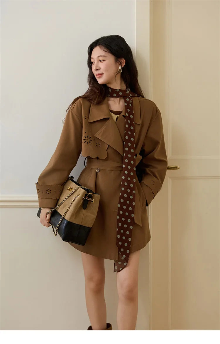 MISHOW Hollow Flower Trench Coat for Women Autumn 2025 Double Breasted Retro Trench with Slant Pocket Belt Coats MXE46W0838