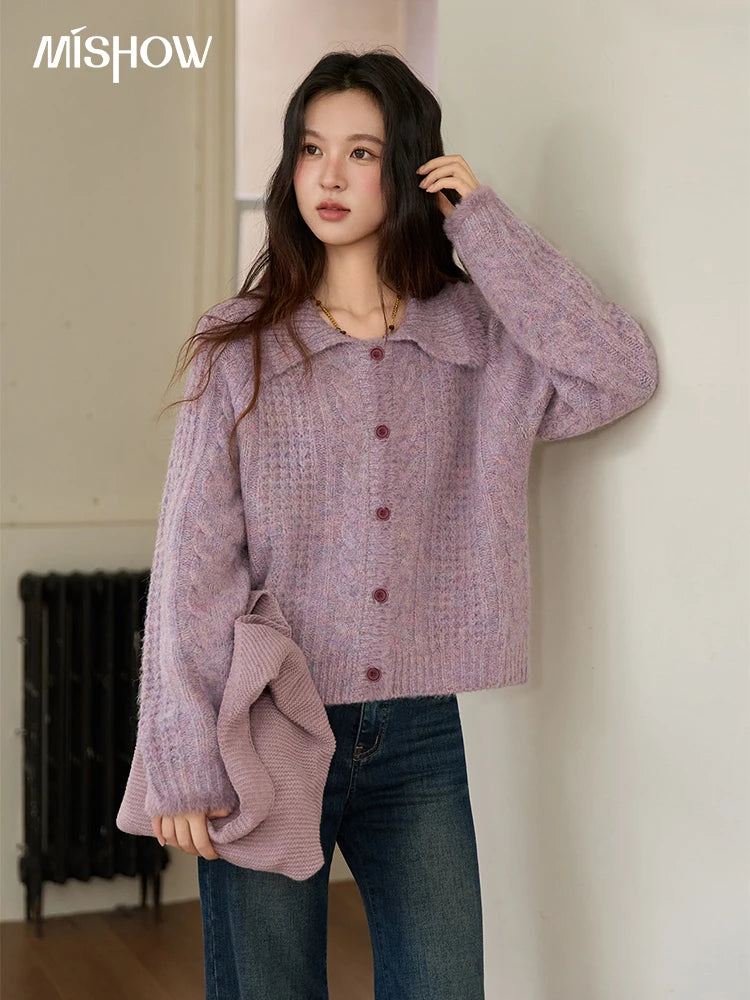 MISHOW Cardigans Ladies 2025 Winter Loose Retro Purple Turn-down Collar Imitation Mink Sweater Commute knit Top MXE88Z2616